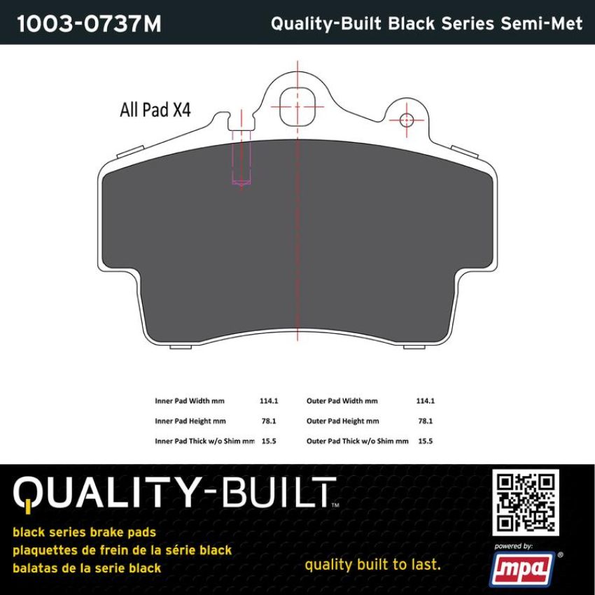 MPA 1003-0737M Quality-Built Black Series Semi-Metallic Brake Pads w/ Hardware