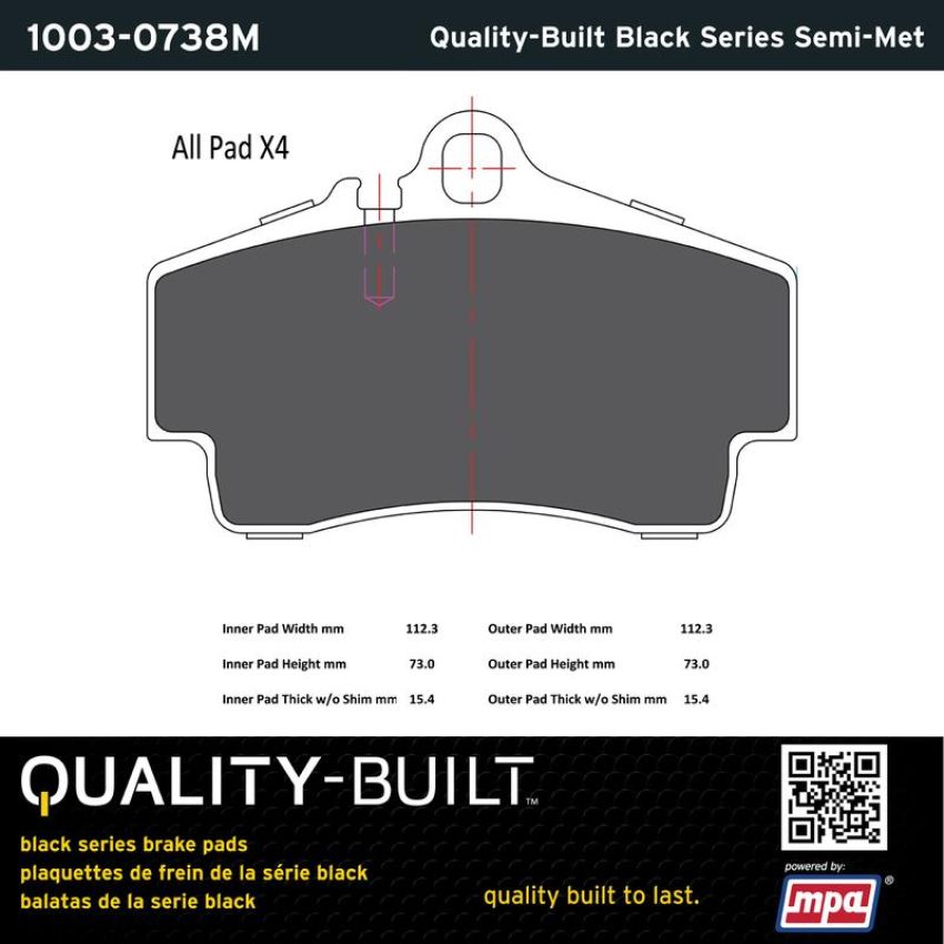 MPA 1003-0738M Quality-Built Black Series Semi-Metallic Brake Pads w/ Hardware