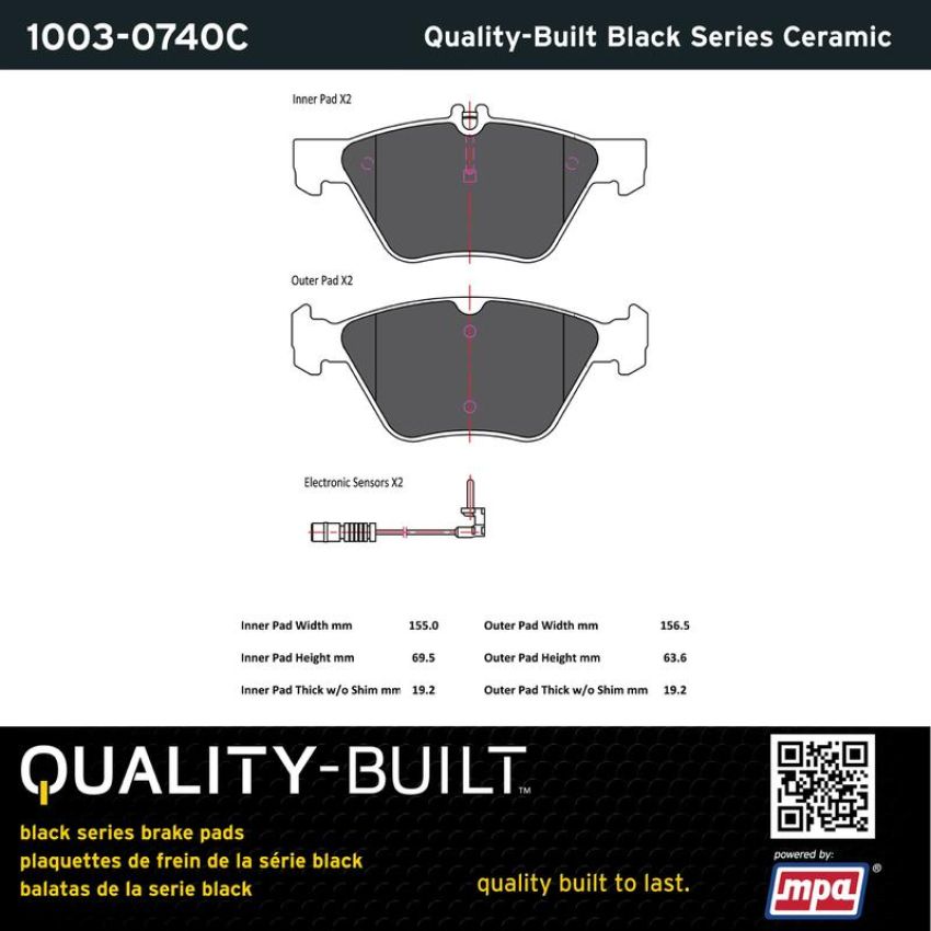MPA 1003-0740C Quality-Built Black Series Ceramic Brake Pads w/ Hardware
