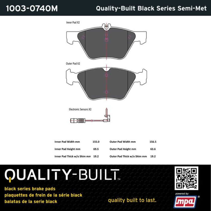 MPA 1003-0740M Quality-Built Black Series Semi-Metallic Brake Pads w/ Hardware