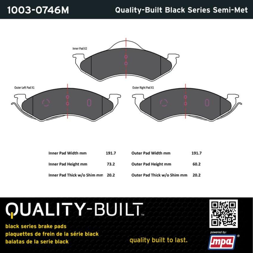 MPA 1003-0746M Quality-Built Black Series Semi-Metallic Brake Pads w/ Hardware
