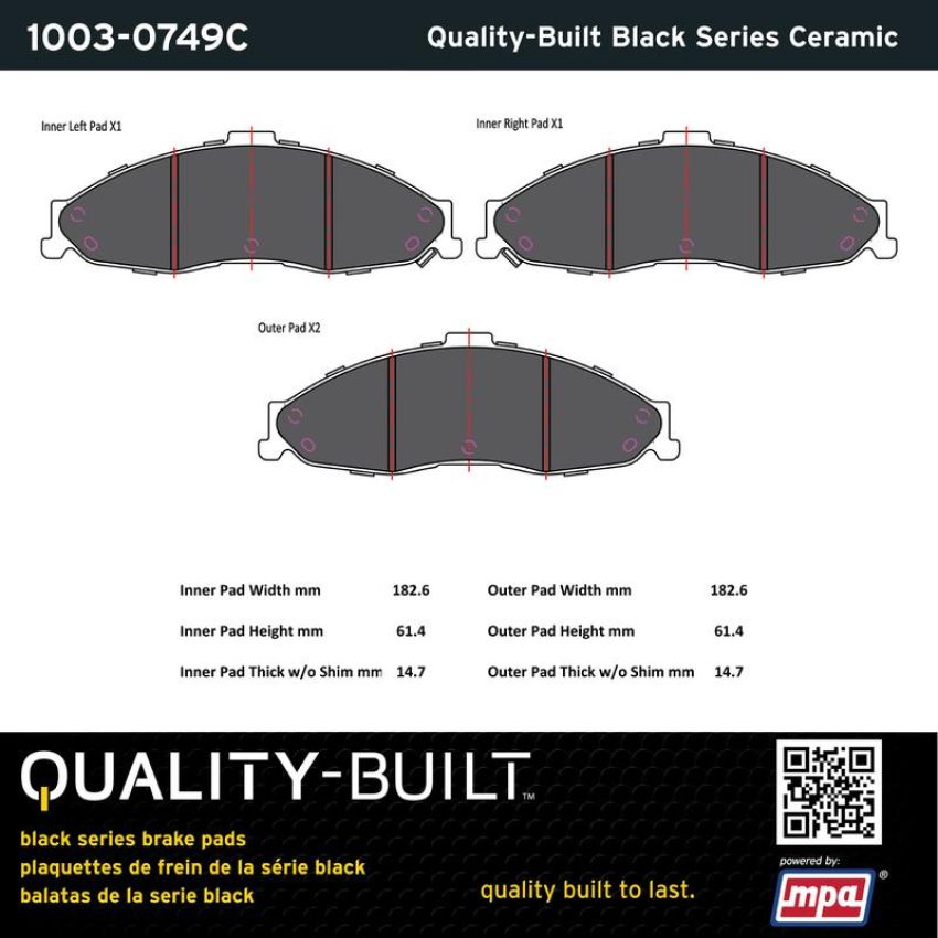 MPA 1003-0749C Quality-Built Black Series Ceramic Brake Pads w/ Hardware