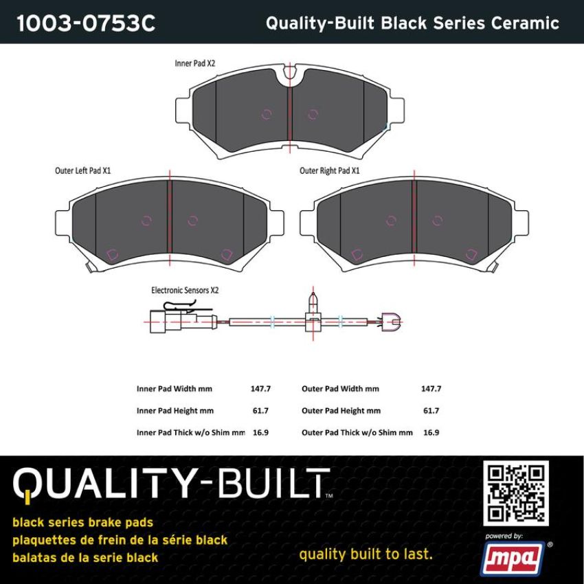 MPA 1003-0753C Quality-Built Black Series Ceramic Brake Pads w/ Hardware