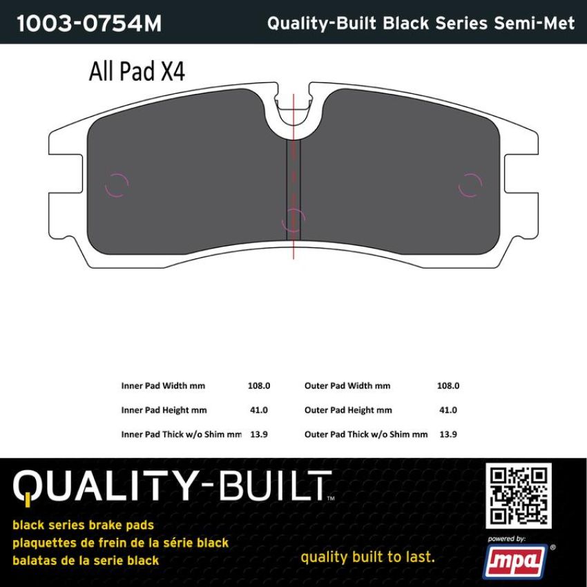 MPA 1003-0754M Quality-Built Black Series Semi-Metallic Brake Pads w/ Hardware