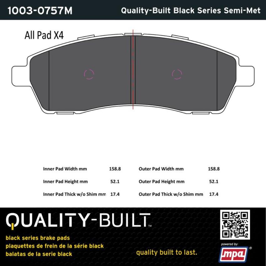 MPA 1003-0757M Quality-Built Black Series Semi-Metallic Brake Pads w/ Hardware