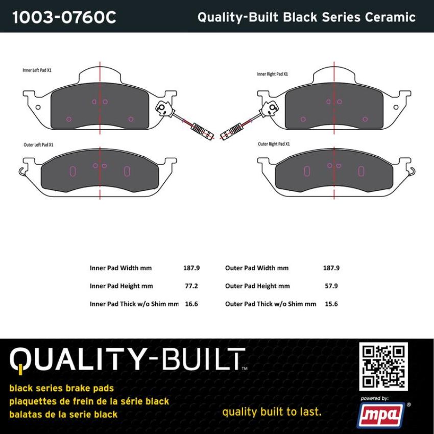 MPA 1003-0760C Quality-Built Black Series Ceramic Brake Pads w/ Hardware