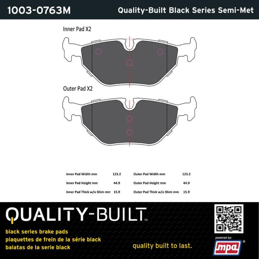 MPA 1003-0763M Quality-Built Black Series Semi-Metallic Brake Pads w/ Hardware