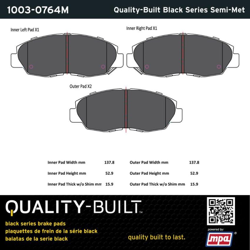 MPA 1003-0764M Quality-Built Black Series Semi-Metallic Brake Pads w/ Hardware