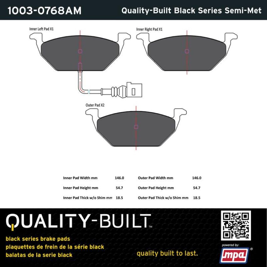 MPA 1003-0768AM Quality-Built Black Series Semi-Metallic Brake Pads w/ Hardware