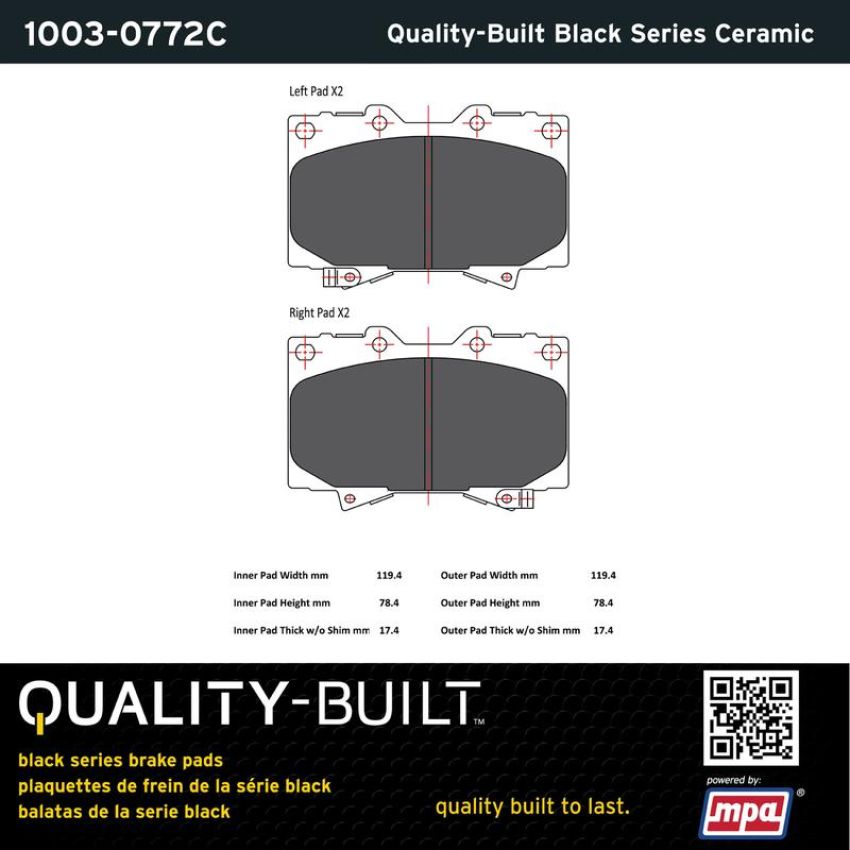 MPA 1003-0772C Quality-Built Black Series Ceramic Brake Pads w/ Hardware