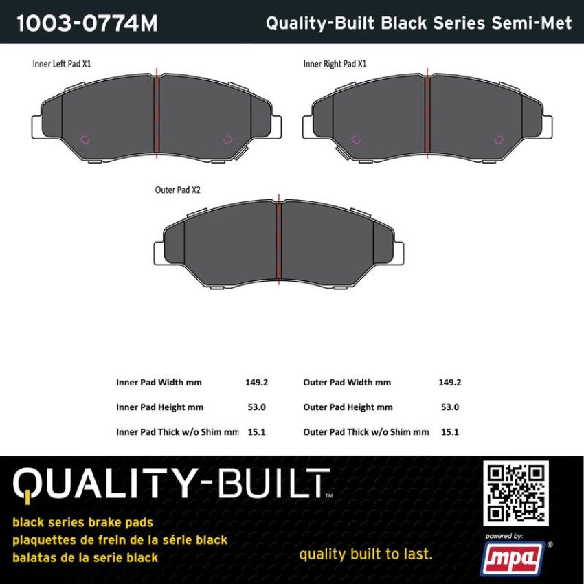 MPA 1003-0774M Quality-Built Black Series Semi-Metallic Brake Pads w/ Hardware