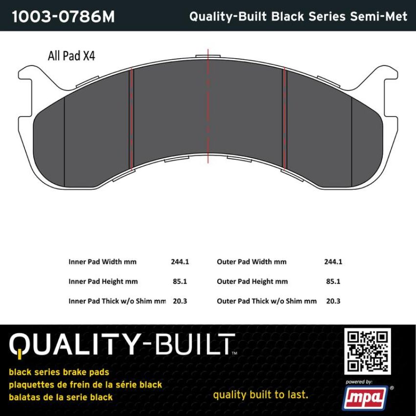 MPA 1003-0786M Quality-Built Black Series Semi-Metallic Brake Pads w/ Hardware