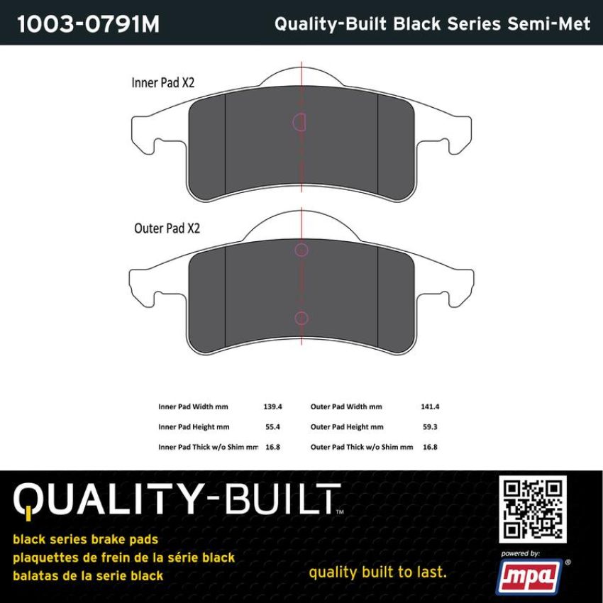 MPA 1003-0791M Quality-Built Black Series Semi-Metallic Brake Pads w/ Hardware