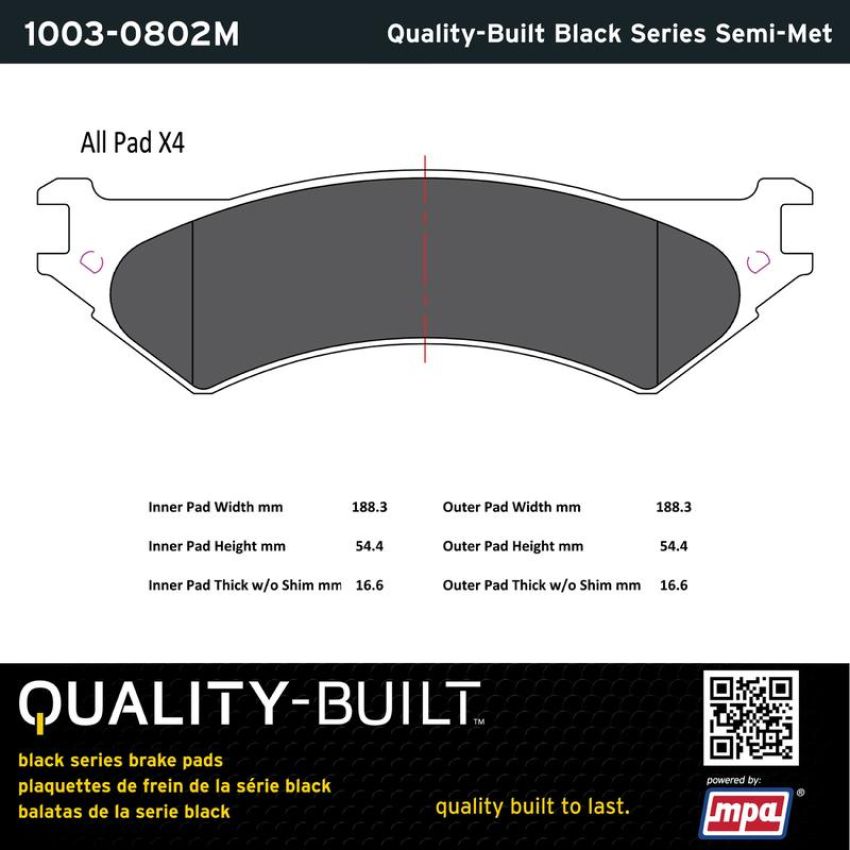 MPA 1003-0802M Quality-Built Black Series Semi-Metallic Brake Pads w/ Hardware