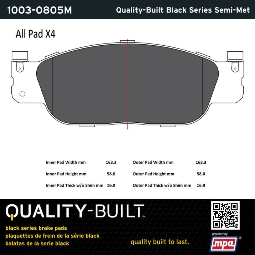 MPA 1003-0805M Quality-Built Black Series Semi-Metallic Brake Pads w/ Hardware