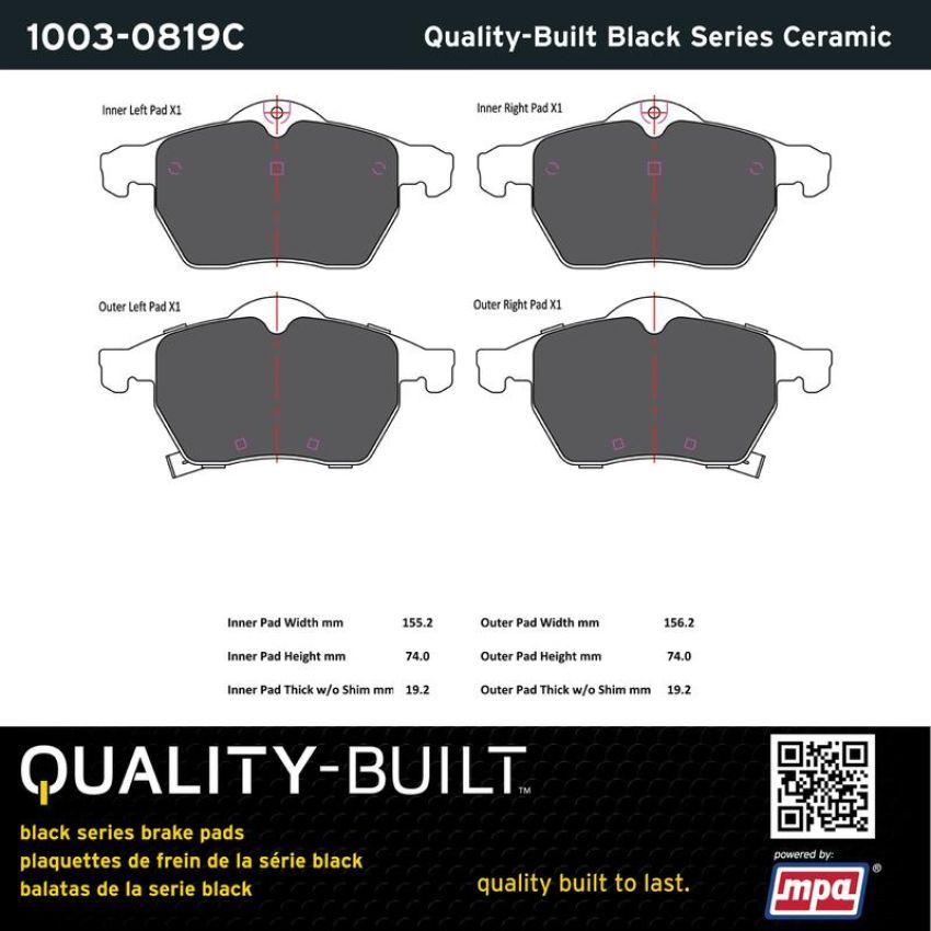 MPA 1003-0819C Quality-Built Black Series Ceramic Brake Pads w/ Hardware