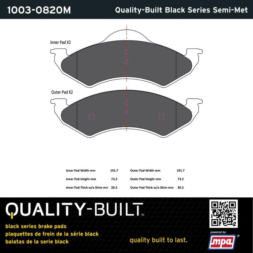 MPA 1003-0820M Quality-Built Black Series Semi-Metallic Brake Pads w/ Hardware