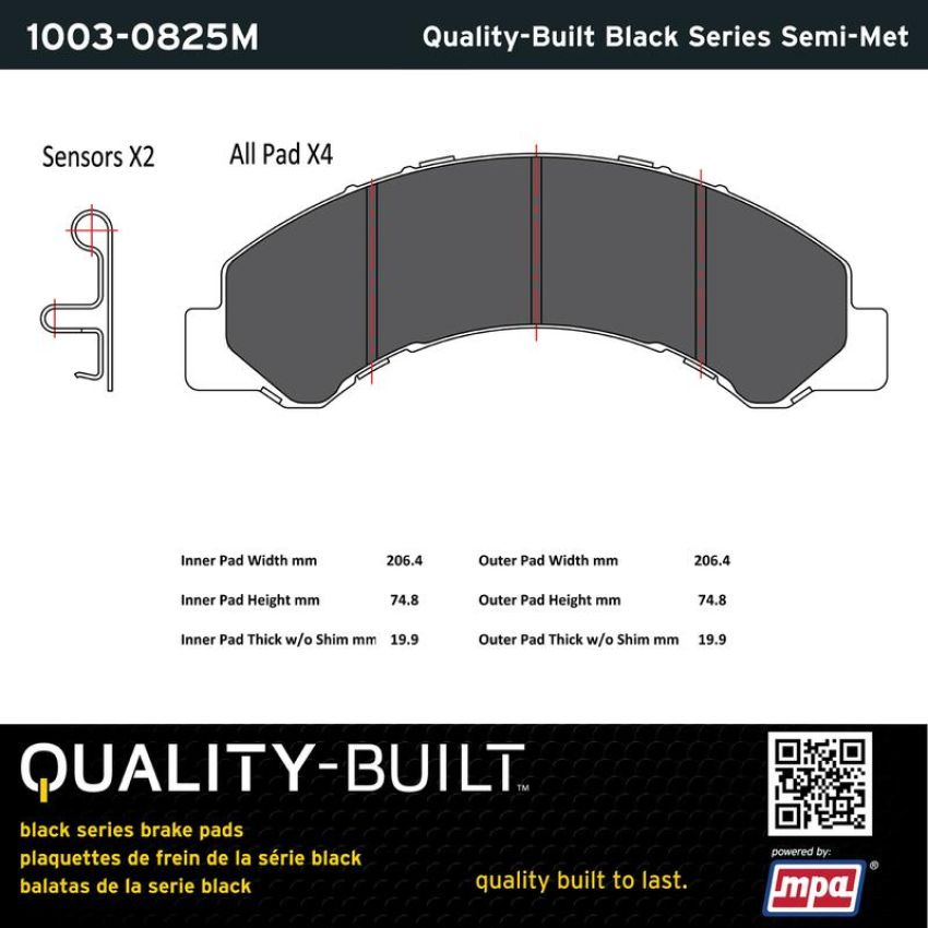MPA 1003-0825M Quality-Built Black Series Semi-Metallic Brake Pads w/ Hardware