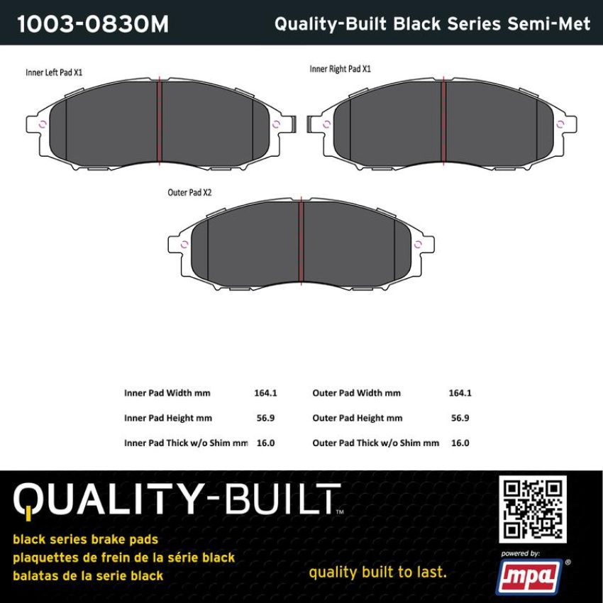 MPA 1003-0830M Quality-Built Black Series Semi-Metallic Brake Pads w/ Hardware
