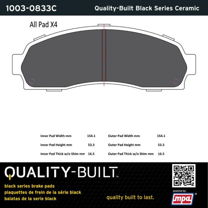 MPA 1003-0833C Quality-Built Black Series Ceramic Brake Pads w/ Hardware