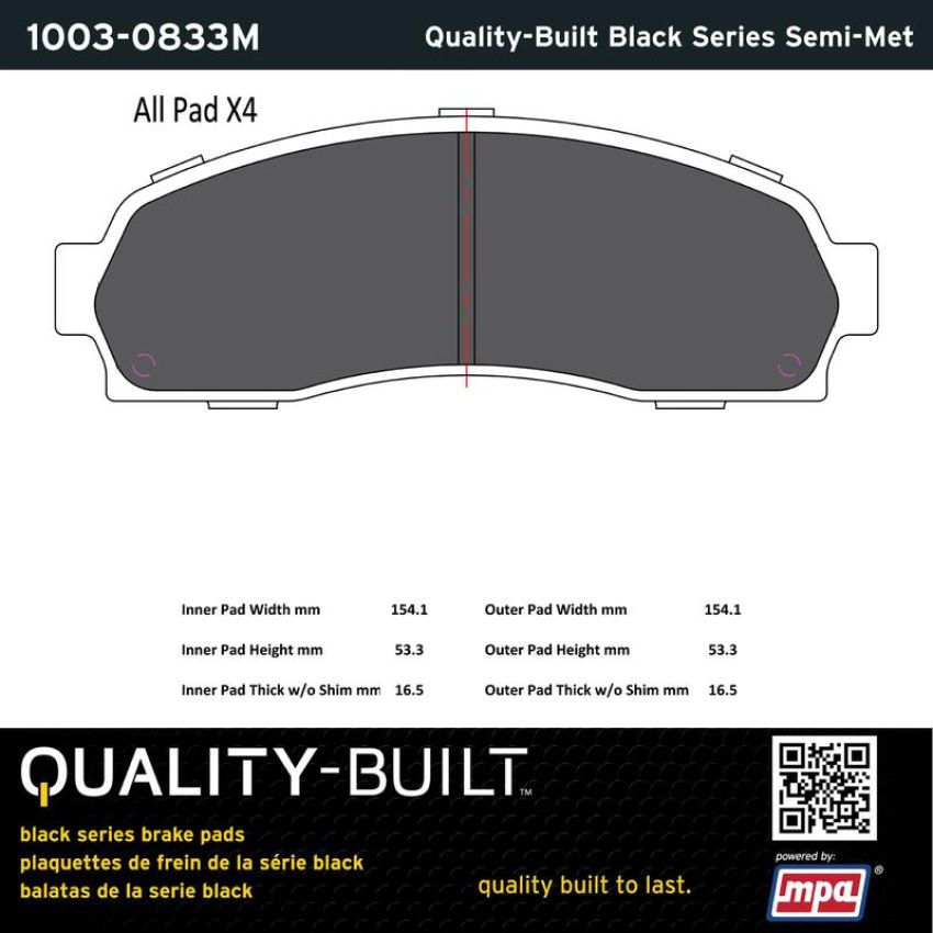 MPA 1003-0833M Quality-Built Black Series Semi-Metallic Brake Pads w/ Hardware
