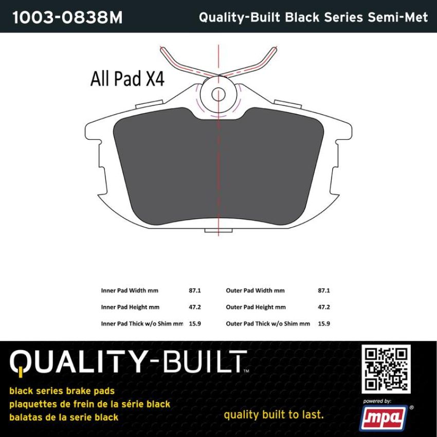 MPA 1003-0838M Quality-Built Black Series Semi-Metallic Brake Pads
