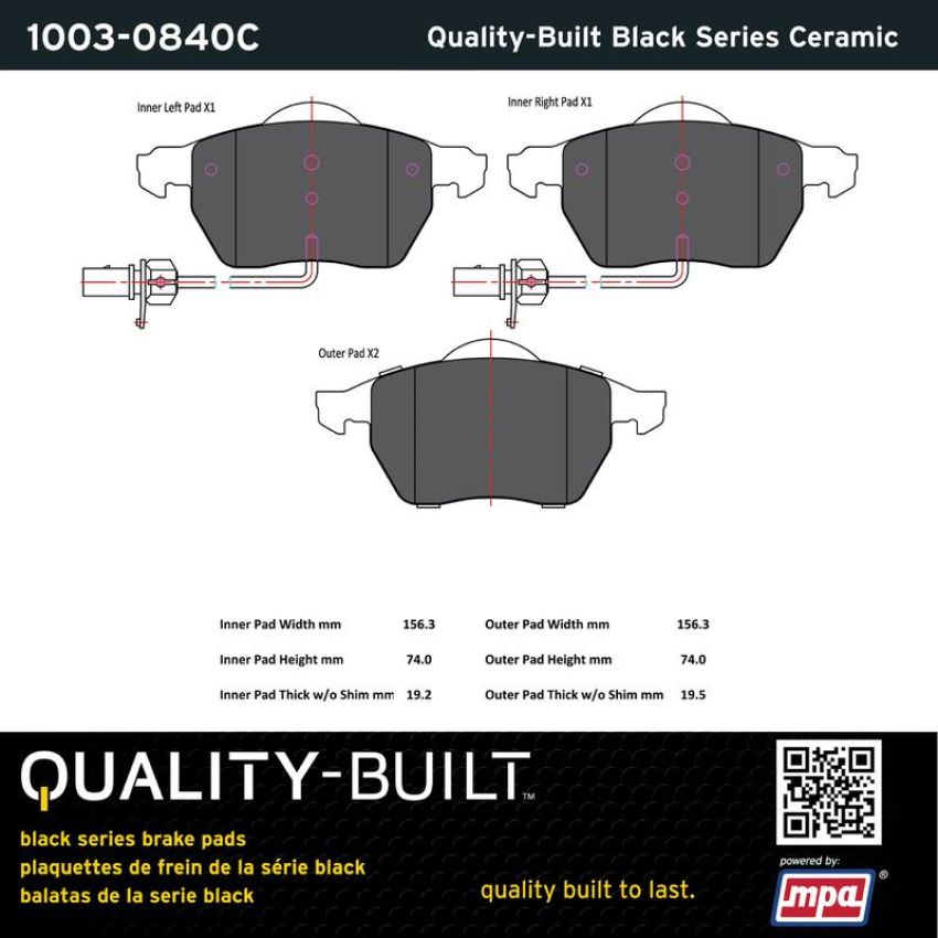 MPA 1003-0840C Quality-Built Black Series Ceramic Brake Pads w/ Hardware