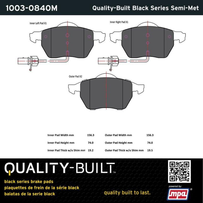 MPA 1003-0840M Quality-Built Black Series Semi-Metallic Brake Pads w/ Hardware