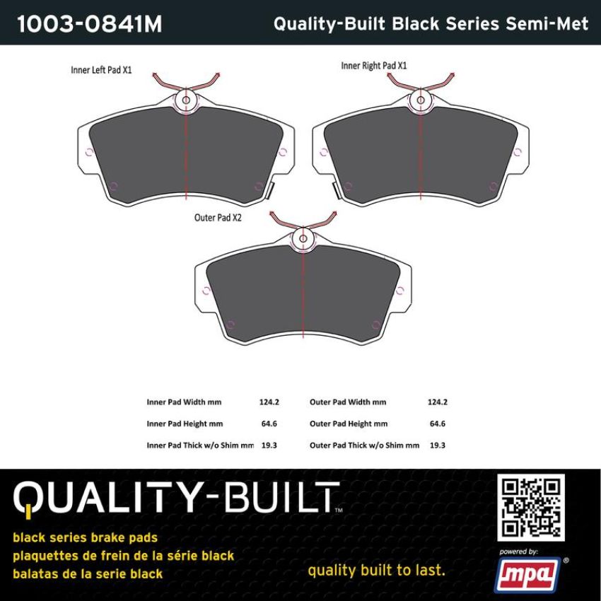 MPA 1003-0841M Quality-Built Black Series Semi-Metallic Brake Pads w/ Hardware