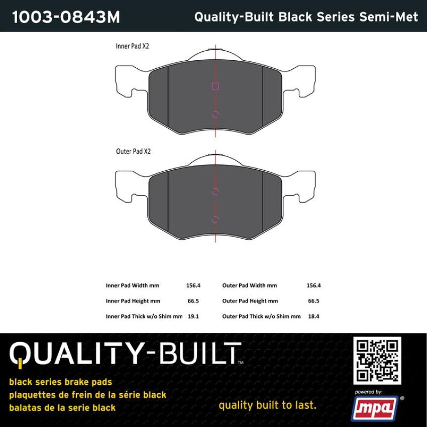 MPA 1003-0843M Quality-Built Black Series Semi-Metallic Brake Pads w/ Hardware