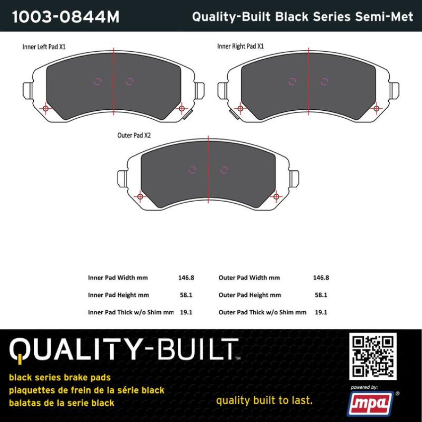 MPA 1003-0844M Quality-Built Black Series Semi-Metallic Brake Pads w/ Hardware