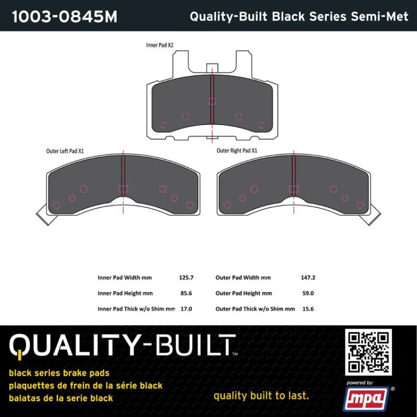 MPA 1003-0845M Quality-Built Black Series Semi-Metallic Brake Pads w/ Hardware