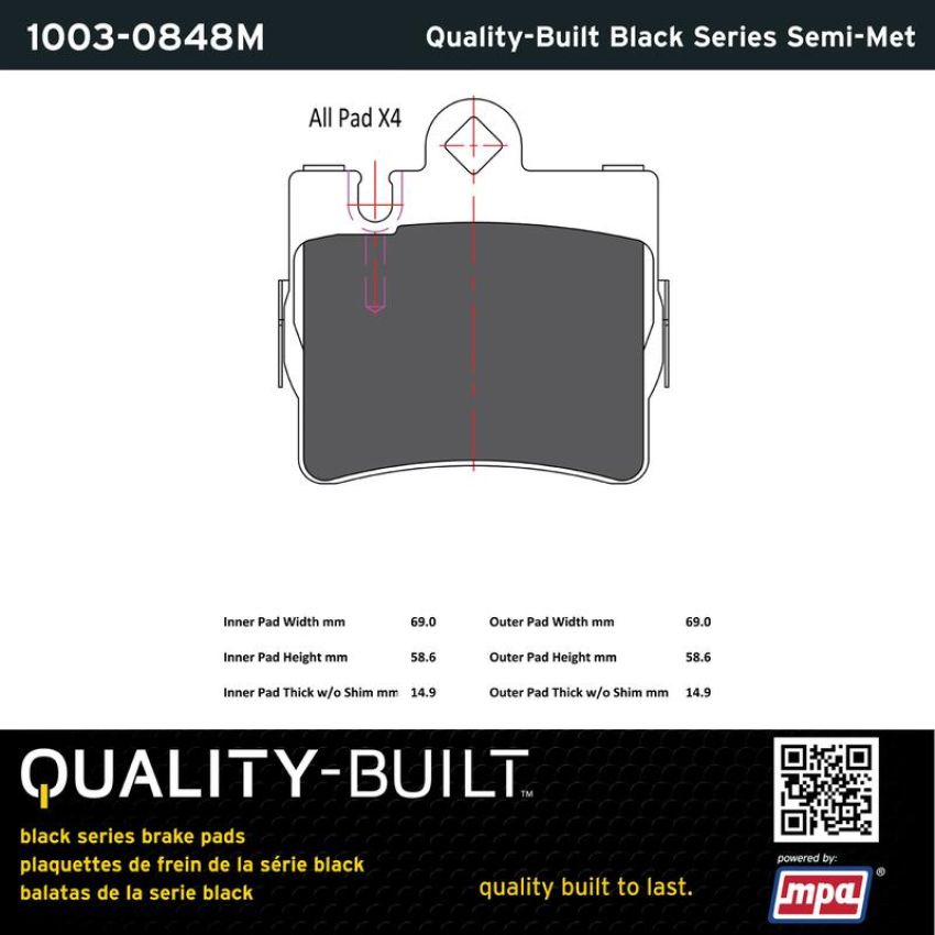 MPA 1003-0848M Quality-Built Black Series Semi-Metallic Brake Pads w/ Hardware