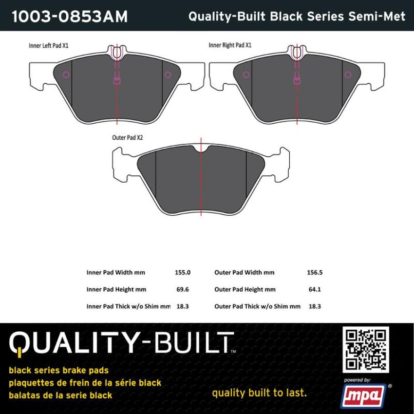 MPA 1003-0853AM Quality-Built Black Series Semi-Metallic Brake Pads w/ Hardware