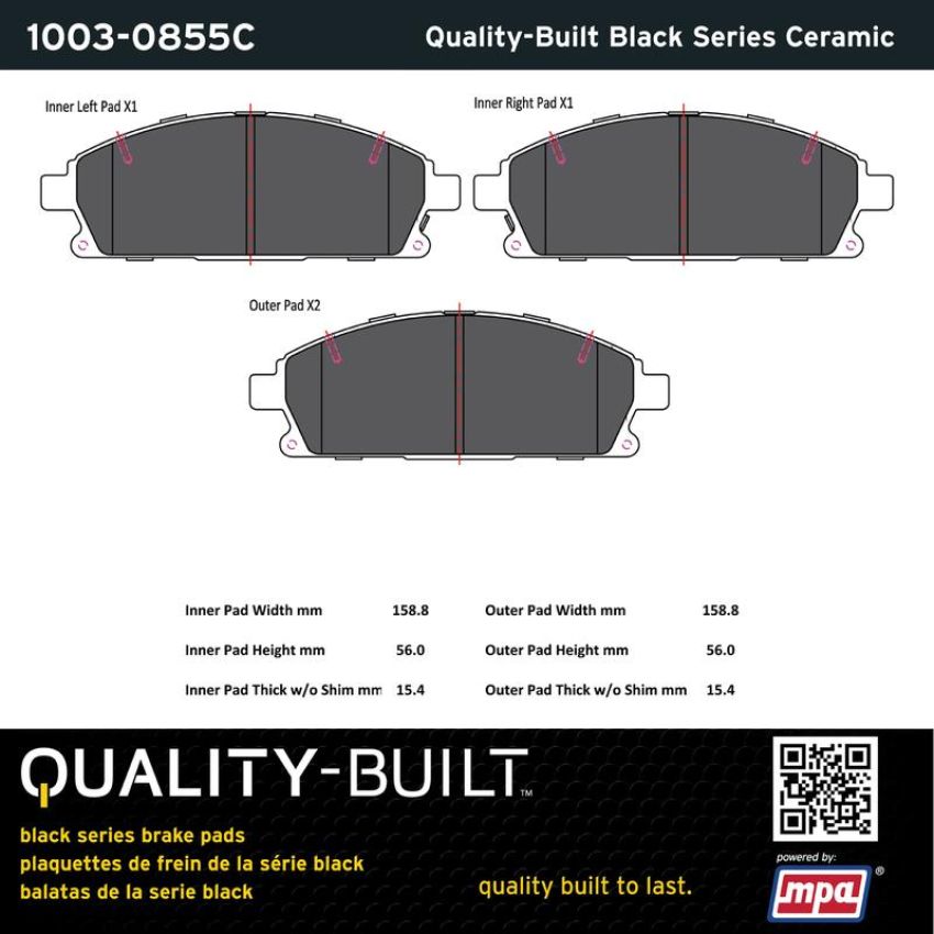 MPA 1003-0855C Quality-Built Black Series Ceramic Brake Pads w/ Hardware