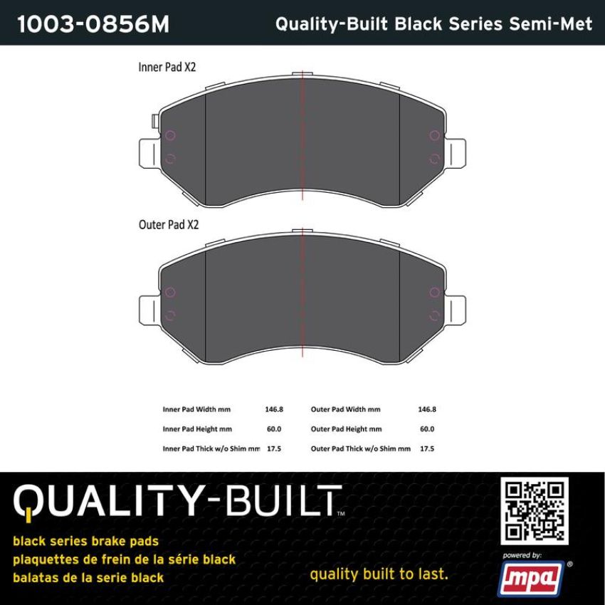 MPA 1003-0856M Quality-Built Black Series Semi-Metallic Brake Pads w/ Hardware