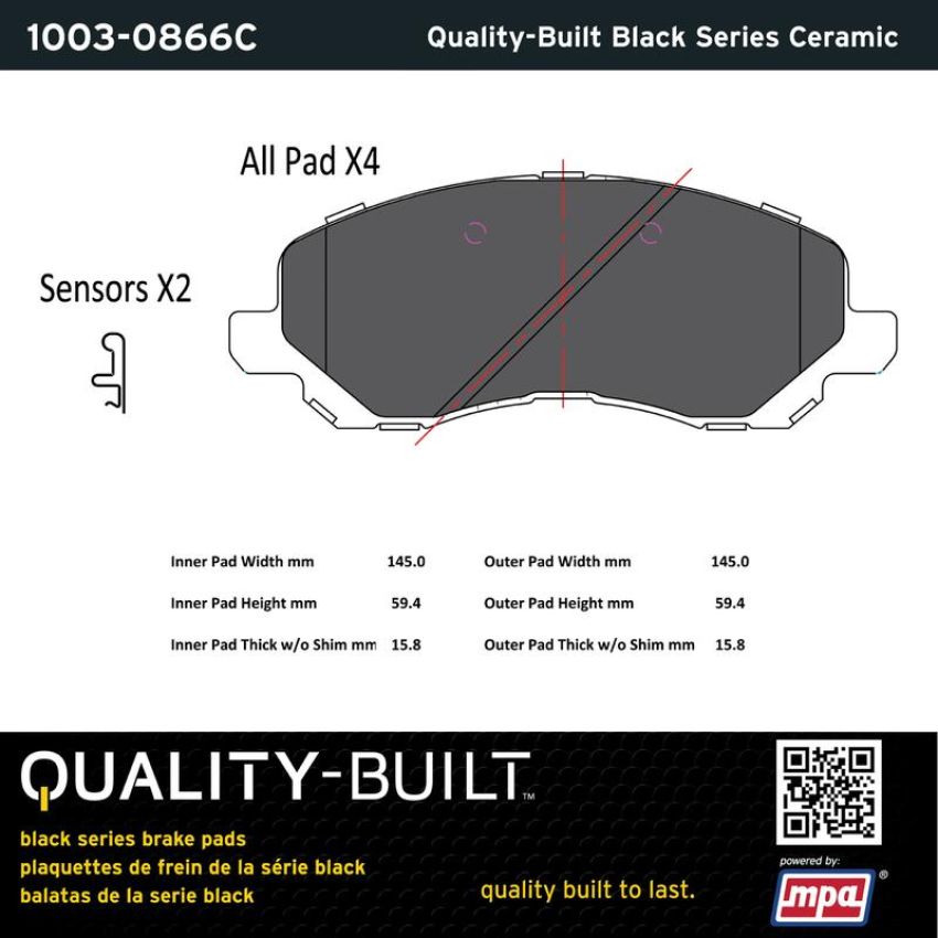 MPA 1003-0866C Quality-Built Black Series Ceramic Brake Pads w/ Hardware