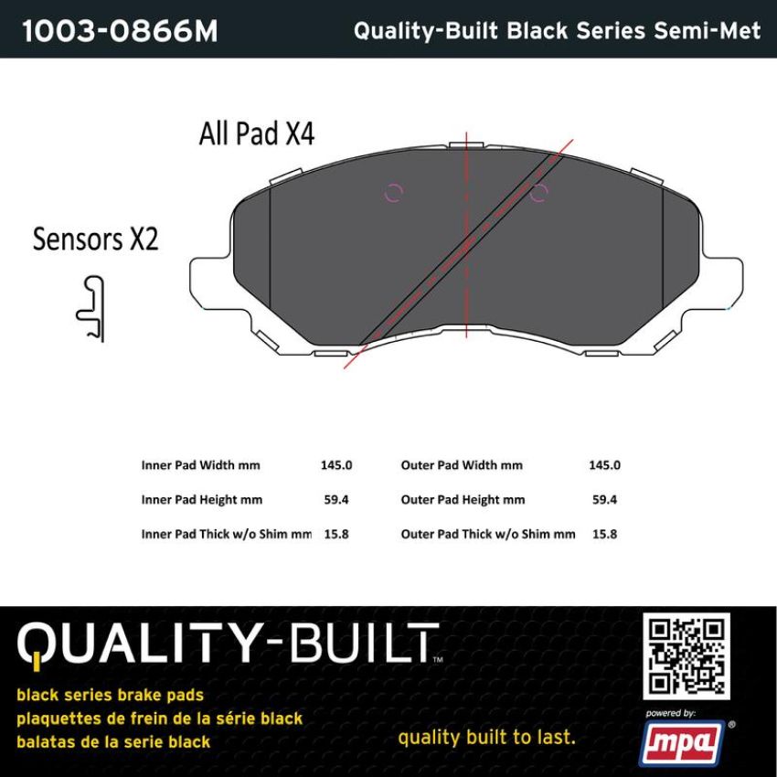 MPA 1003-0866M Quality-Built Black Series Semi-Metallic Brake Pads w/ Hardware