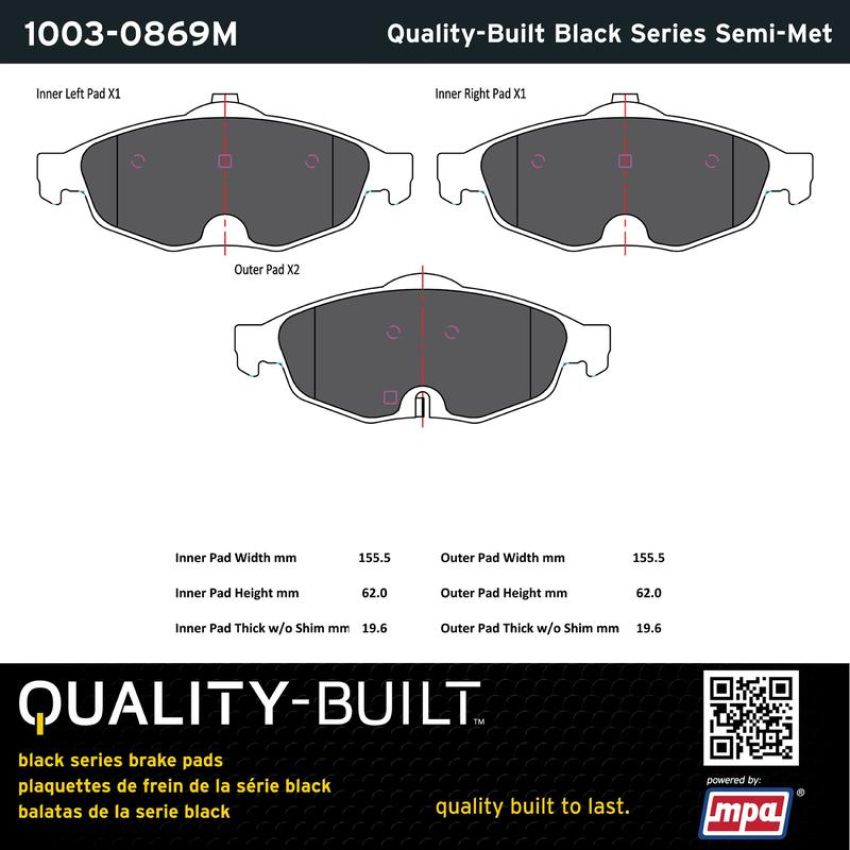 MPA 1003-0869M Quality-Built Black Series Semi-Metallic Brake Pads w/ Hardware