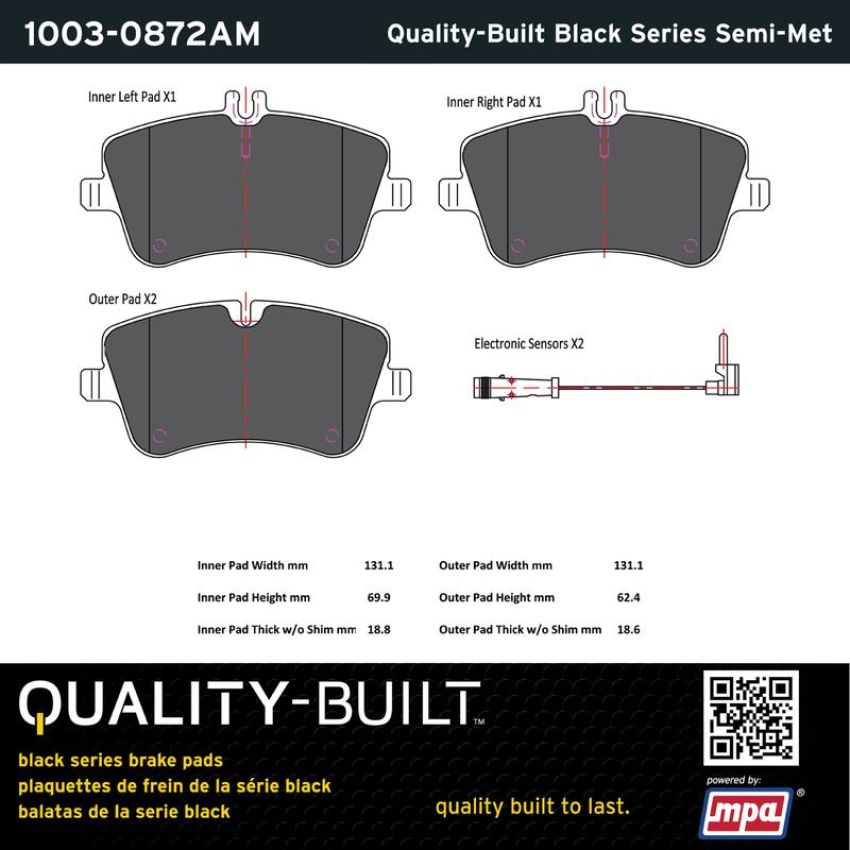 MPA 1003-0872AM Quality-Built Black Series Semi-Metallic Brake Pads w/ Hardware