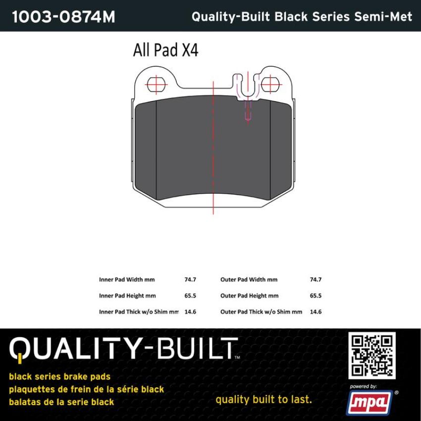 MPA 1003-0874M Quality-Built Black Series Semi-Metallic Brake Pads w/ Hardware