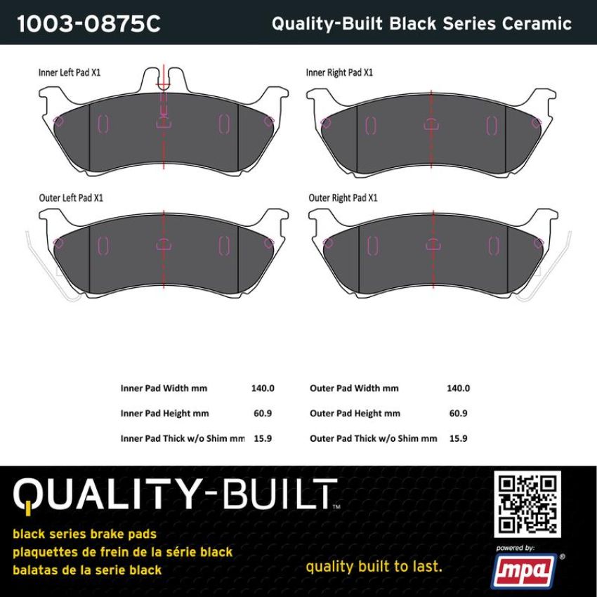 MPA 1003-0875C Quality-Built Black Series Ceramic Brake Pads w/ Hardware