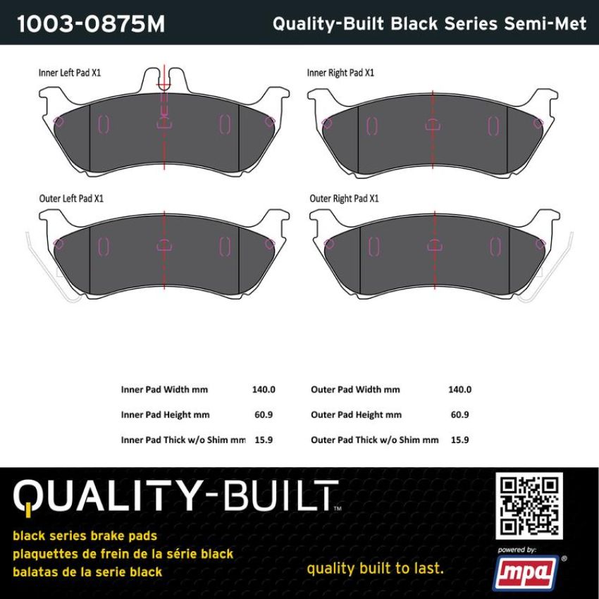 MPA 1003-0875M Quality-Built Black Series Semi-Metallic Brake Pads w/ Hardware