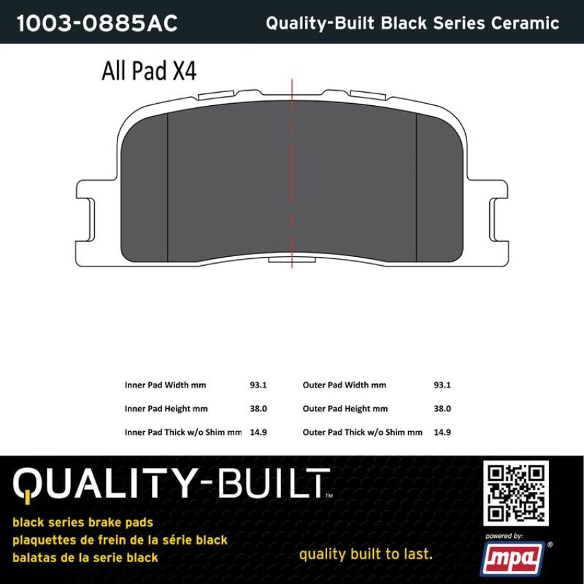 MPA 1003-0885AC Quality-Built Black Series Ceramic Brake Pads w/ Hardware