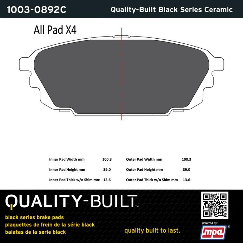 MPA 1003-0892C Quality-Built Black Series Ceramic Brake Pads w/ Hardware
