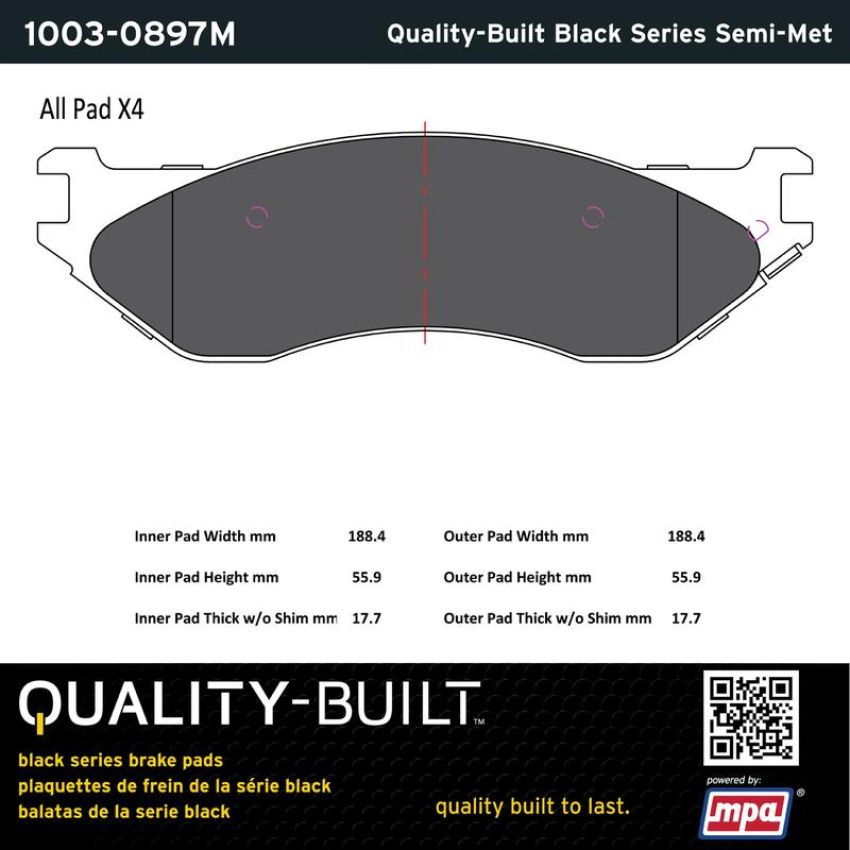 MPA 1003-0897M Quality-Built Black Series Semi-Metallic Brake Pads w/ Hardware
