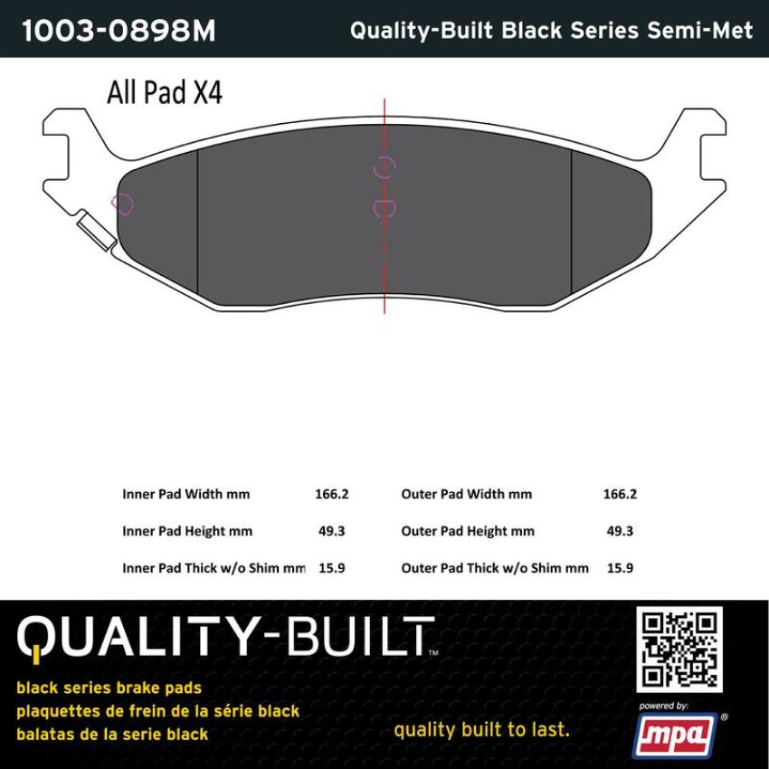 MPA 1003-0898M Quality-Built Black Series Semi-Metallic Brake Pads w/ Hardware