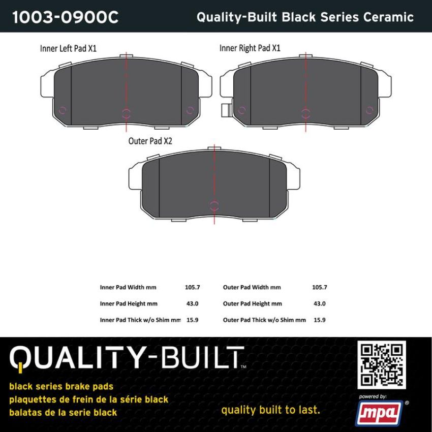 MPA 1003-0900C Quality-Built Black Series Ceramic Brake Pads w/ Hardware