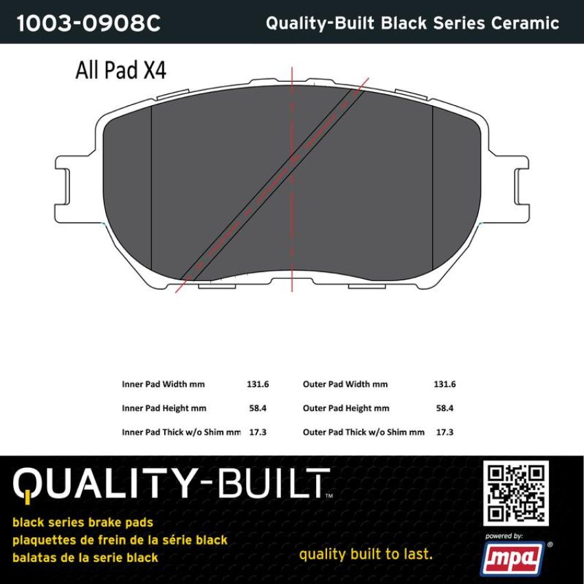 MPA 1003-0908C Quality-Built Black Series Ceramic Brake Pads w/ Hardware