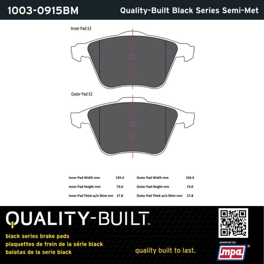 MPA 1003-0915BM Quality-Built Black Series Semi-Metallic Brake Pads w/ Hardware